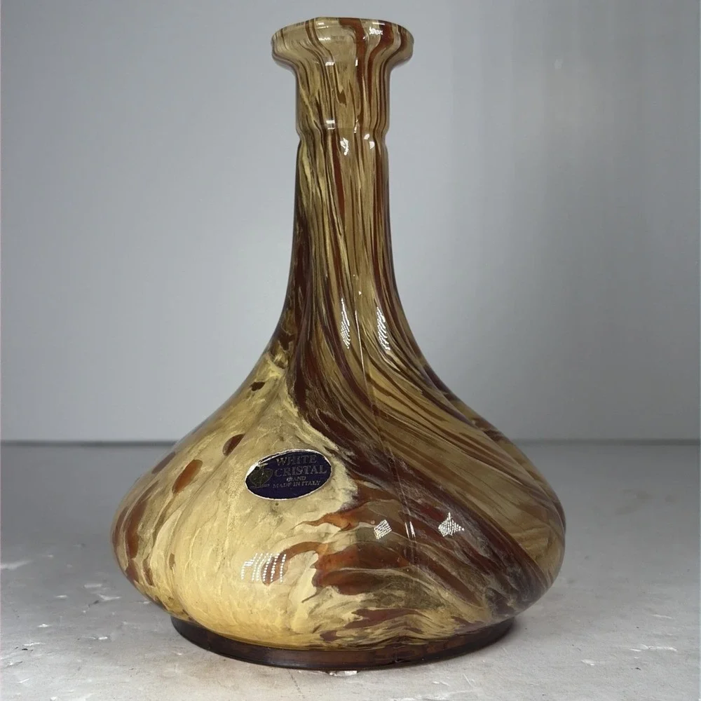 Vintage 80s‎ Murano White Cristal Vase Italy Amber Swirl Tortoise